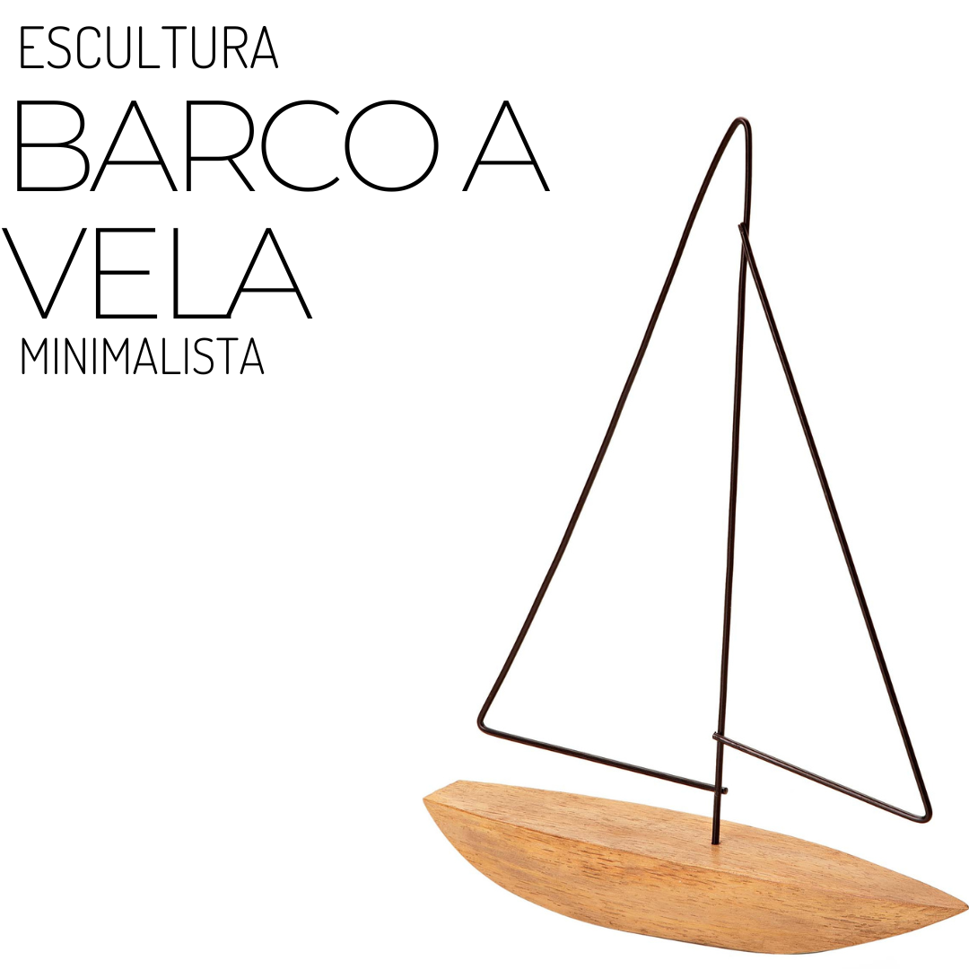 Barco a vela Casa Náutica de resina e metal ferro com padrão madeira . Objeto decorativo para decoração minimalista abstrata. Veleiro , barco a vela minimalista. Decoração náutica e navi. Decoração para escritório , estantes , quarto de menino, casa e mesa home office